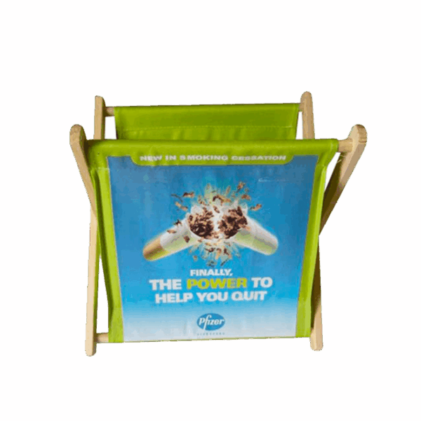 Foldable canvas magazine holder with wooden frame and printed front panel
