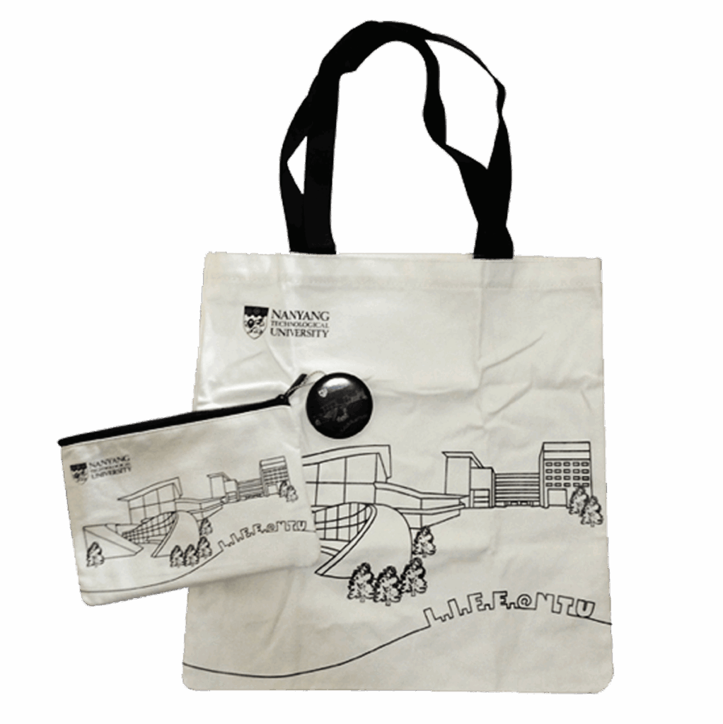 Canvas tote bag with black handles and matching pencil case featuring printed design