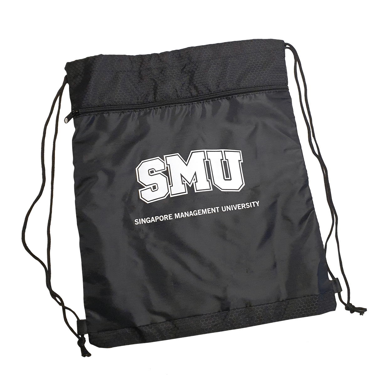 Black drawstring bag with zip compartment and drawstring straps