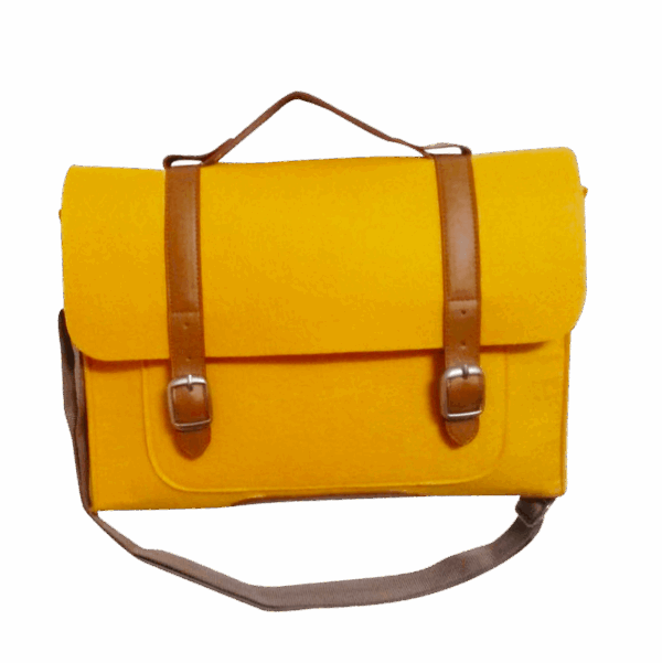 Yellow felt satchel bag with brown flap straps and adjustable sling