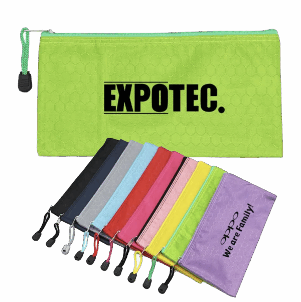 Colourful nylon pencil cases in assorted shades with zipper pull cords