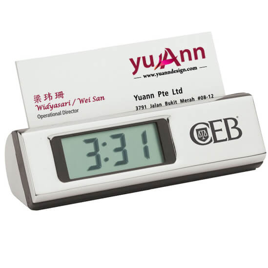 Silver desk clock with digital screen and name card slot