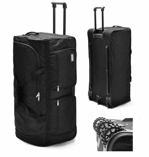 Black trolley duffel with multiple zip pockets and extendable handle