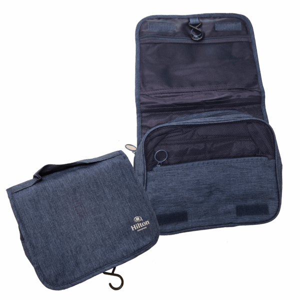 Fabric toiletry pouch with hanger and compartments