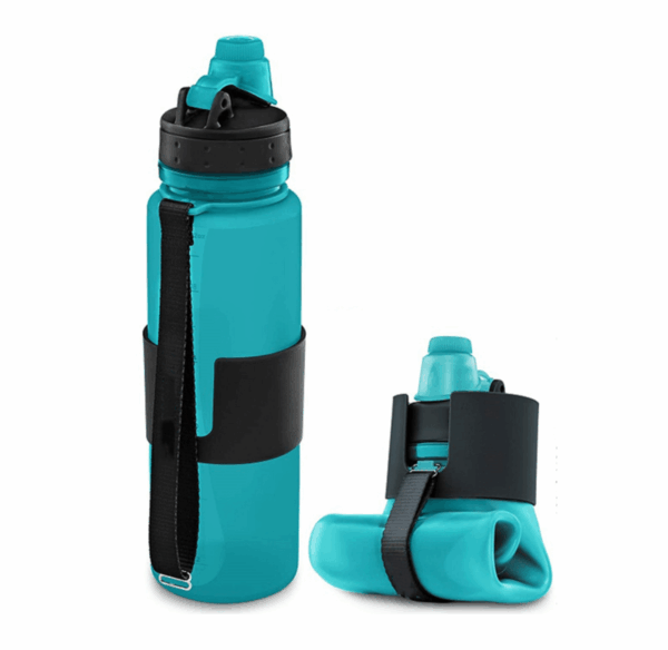 Foldable bottle with strap rolled and unrolled in bright colours