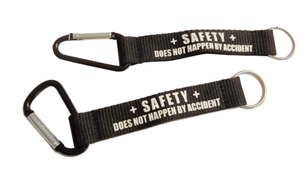 Black carabiner clip keychain with fabric strap, suitable for events and workplace use.
