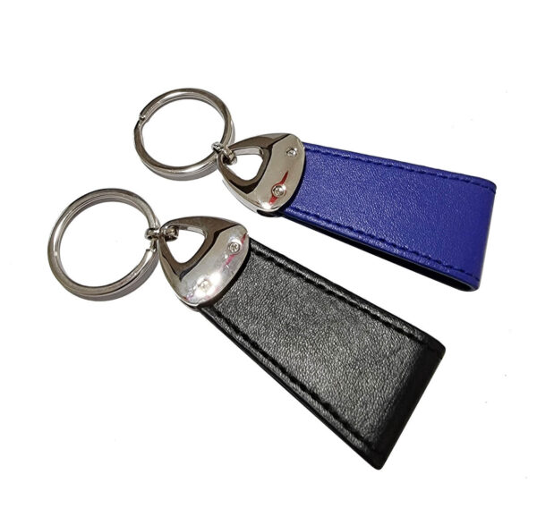 PU keychains in black and blue with metal tops and tapered design