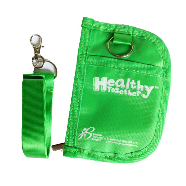 Green nylon name card pouch with stitched pocket and matching lanyard