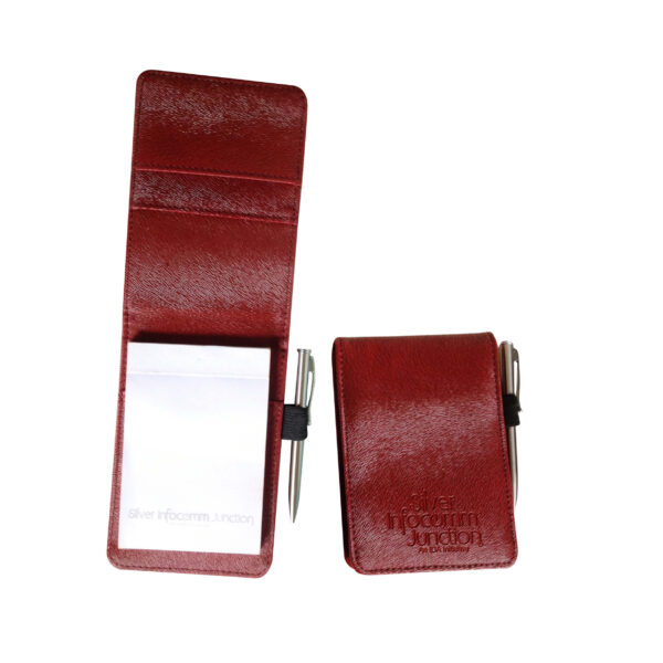 PU card holder with memo pad and pen slot in red finish