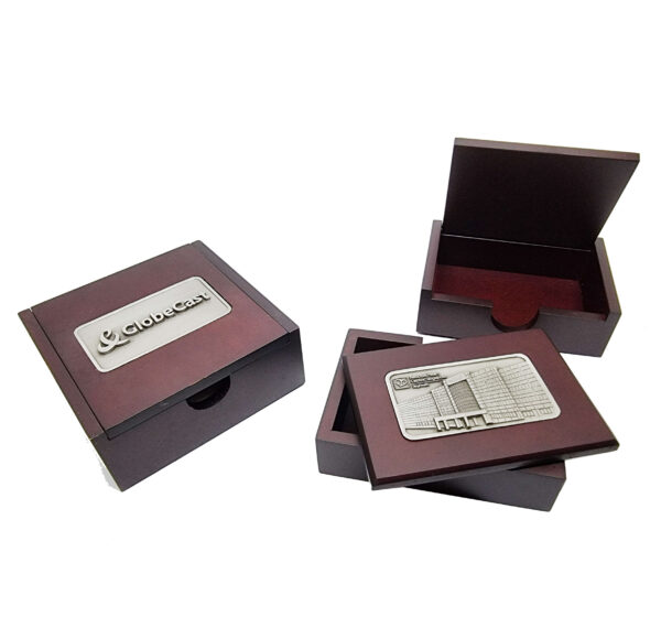 Wooden namecard box with pewter plate lid and velvet-lined interior