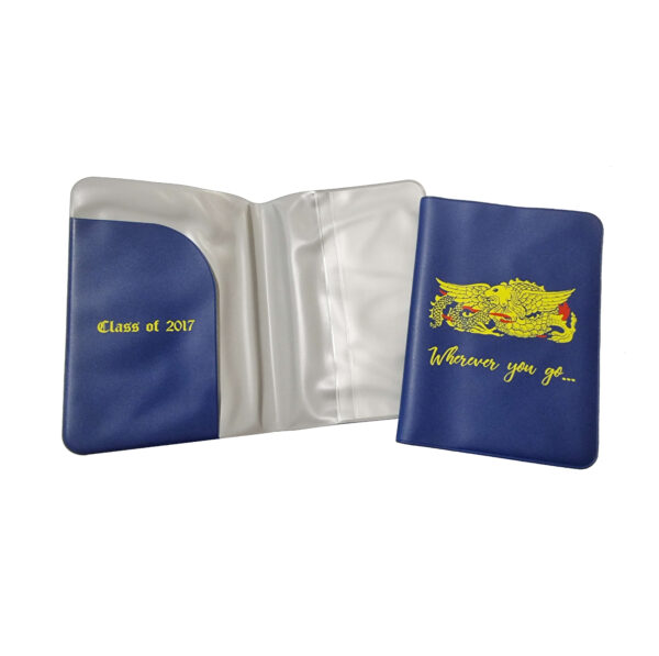 Blue PVC passport holder with custom printed message and clear sleeves