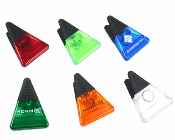 Triangle-shaped translucent magnetic paper clips with printed logos