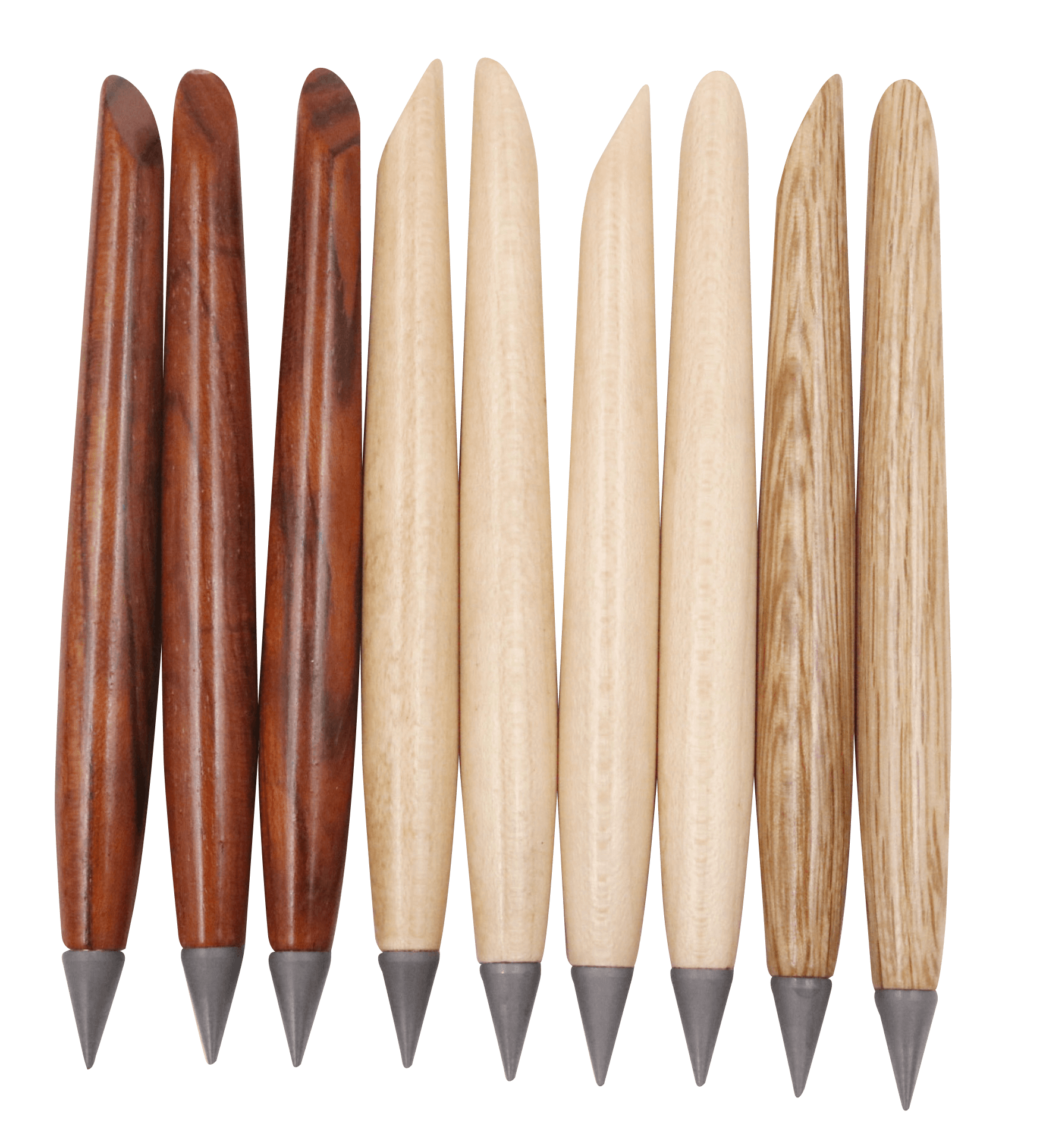 Tapered inkless wooden pens in assorted wood finishes