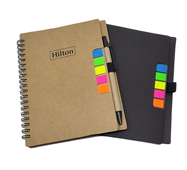 Kraft notebook with sticky tabs and pen in holder