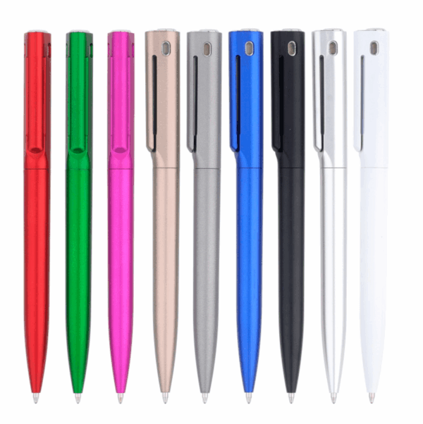 Slim plastic pens with minimalist barrel design and chrome clip in assorted colours