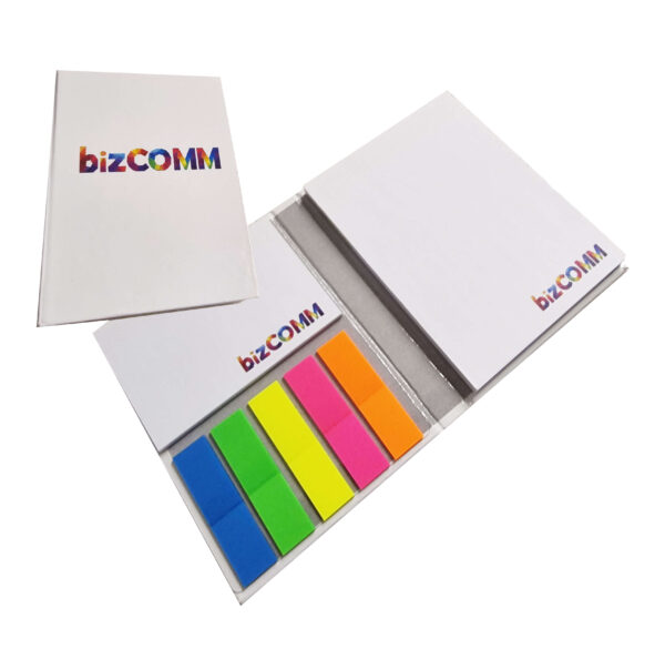 Sticky note set with one large pad and five neon index tabs in slim foldable cover
